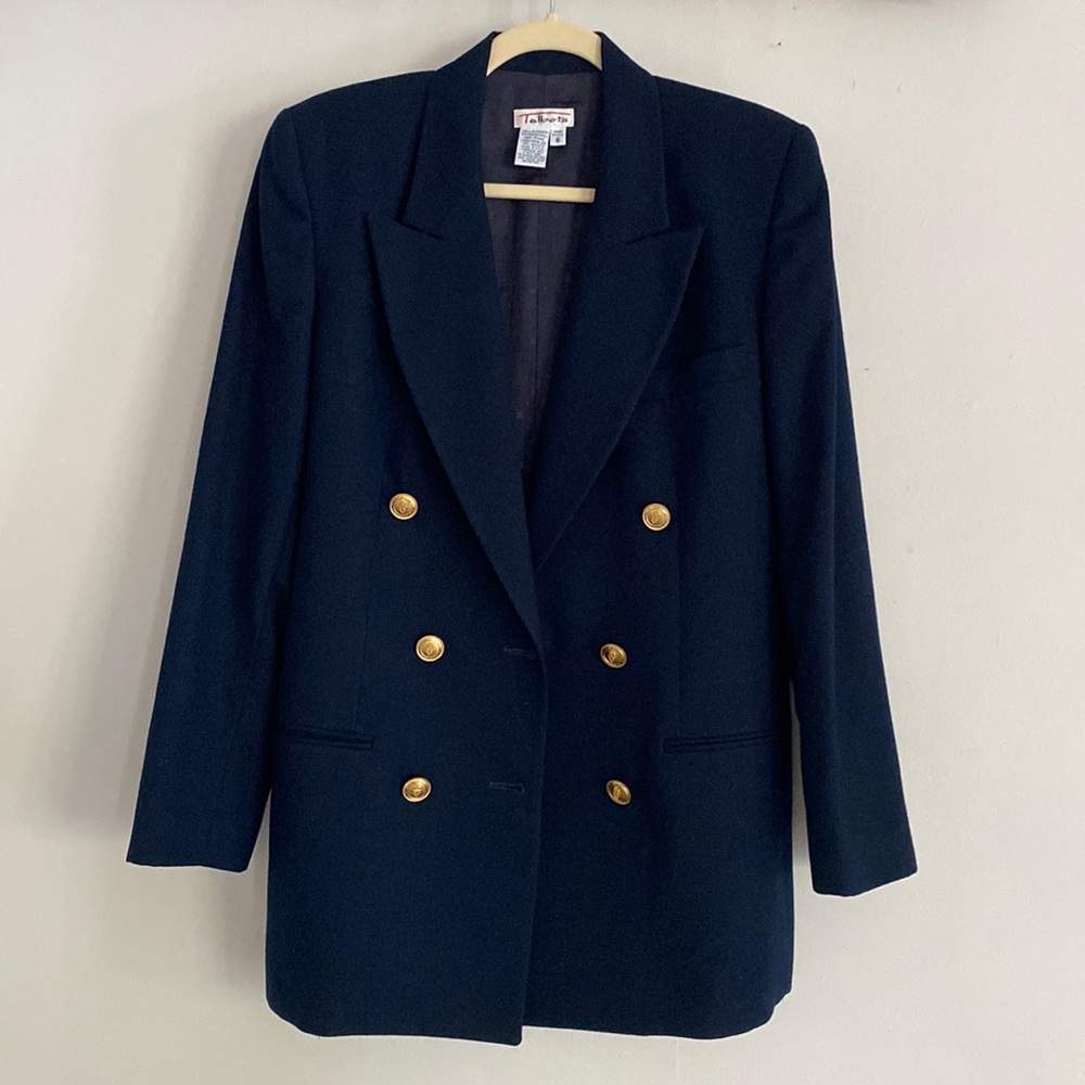 Vintage Classic Talbots Navy Blue Wool Double breasted Blazer with brass buttons